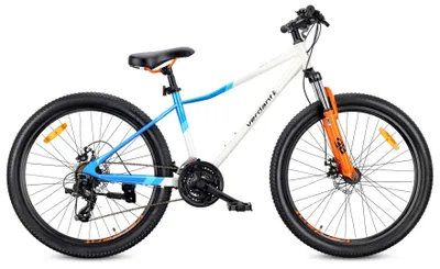 Produktbild von 26-Zoll-Mountainbike, Shimano 21-Gang-Schaltung, Scheibenbremse, Stoßdämpfer, Verdant Calix-Ständer, weiß, blau, orange