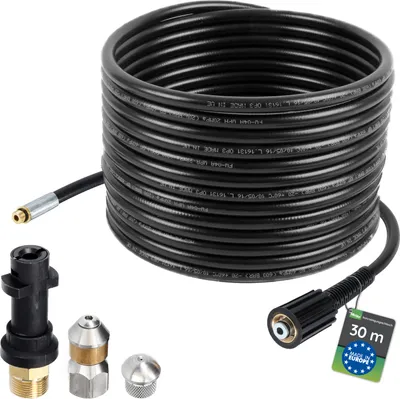 Produktbild von McFilter Rohrreinigungsschlauch, 30m, 160 bar, kompatibel mit Kärcher, K2, K3, K4, K5, K6, Hochdruckreiniger, inkl. Adapter, Düsen starr + rotierend