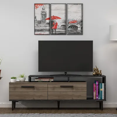 TV-Standard 150 cm, Walnuss/Schwarz, 2 Schubladen, Melamin