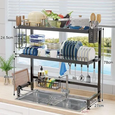 Immagine prodotto di Scaffale scolapiatti in acciaio inossidabile per cucina, a 3 ripiani, nero, 85 cm