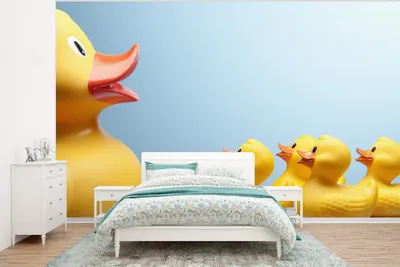Produktbild von MuchoWow® Fototapete für Wohnzimmer oder Schlafzimmer Wandtapete Vinyl Motivtapete Gummi-Ente - Gelb - Blau - 350x260 cm - Wohnzimmer-Tapete