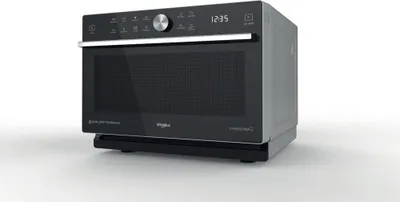 A black Whirlpool microwave oven on a white background.