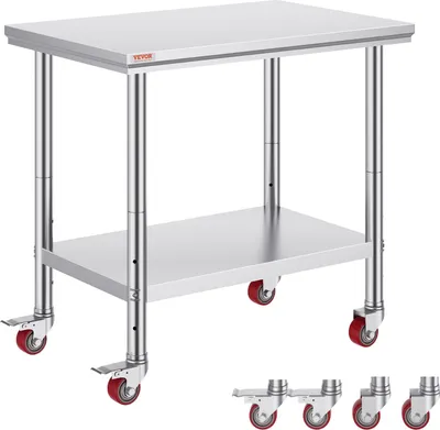 Produktbild von Arbeitstisch 91 x 60 x 82 cm Edelstahl Catering Arbeitstisch Belastbarkeit 160 kg, Lebensmittel Zubereitungstisch mit Nachlauf Gewerbliche Arbeitstisch für Küche Bar 4 verstellbare Füße