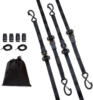 Imagen del producto de Juego de correas de sujeción, 4 unidades, 2,5 cm x 4,6 m, capacidad de carga de 998 kg, fabricadas en poliéster, con ganchos de acero al carbono