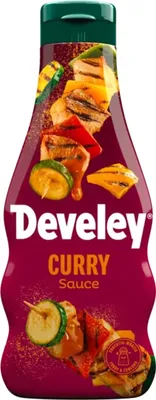 A bottle of Develey Curry Sauce against a white background.