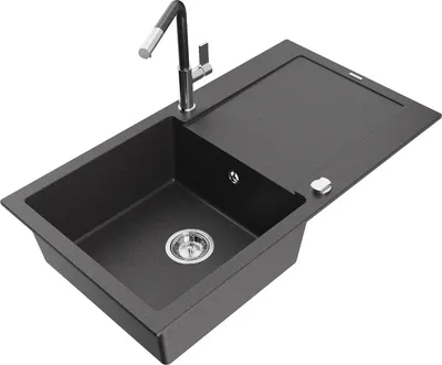 Produktbild von Mexen Leo 1 Becken-Granitspüle mit Abtropffläche und Mischbatterie Flora, Schwarz/Gold metallisch - 6501-76-670401-08