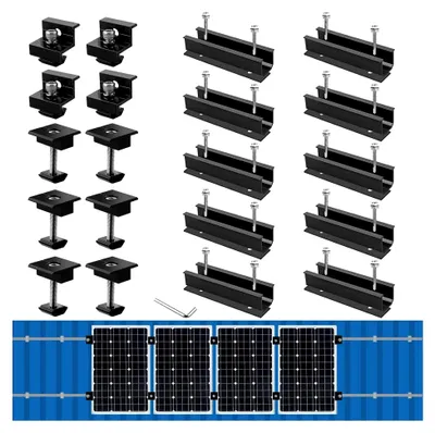 Produktbild von Halterungskit für Solarmodule, 10 Stück Kurzschienen 120mm aus Aluminium mit 6 Mittelklemmen 30/35MM, 4 Endklemmen 30/35MM und 1 Schraubenschlüssel, geeignet für 4 Solarpanels (Schwarz)