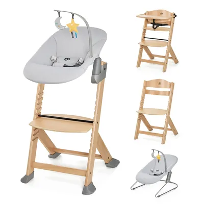 A collage of a baby high chair with a bouncer attachment, a separate high chair with a tray, and a separate high chair without a tray.