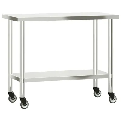 A stainless steel work table with wheels on a white background.