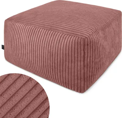 A close-up studio shot of a square ottoman.