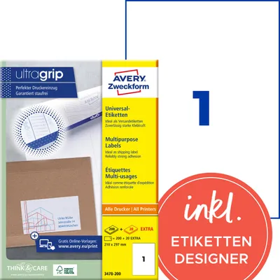Produktbild von Avery Zweckform 3478-200, Universal-Etiketten, A4, Qualitätsdruck mit: ultragrip, 210 x 297 mm, 220 Etiketten / 220 Bögen, weiß