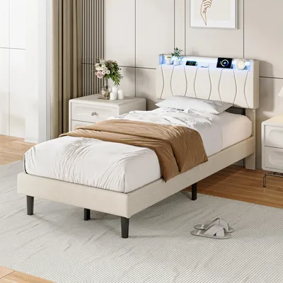 Produktbild von Polsterbett 90x200 cm mit LED, 2 USB & USB-C Anschluss, Lattenrost, gepolstertem Kopfteil, Leinenstoff Beige, 18 cm Bodenfreiheit, ohne Matratze