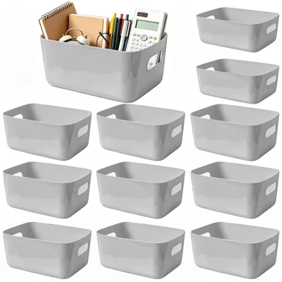 12 Aufbewahrungsboxen aus Kunststoff, grau, mit Griffen, 2 Größen
