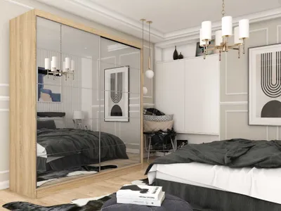 Produktbild von AGMAT Schwebetürenschrank Lores, Kleiderschrank mit 2 Türen, Moderne Garderobe in Farbe: Sonoma, Schrank in Größe: 200 x 216 x 61 cm
