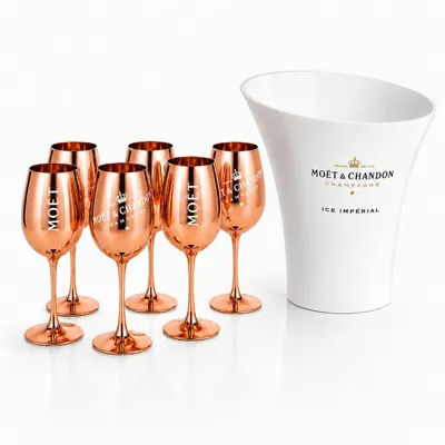 Image de Set de refroidisseur à champagne pour Moët & Chandon – Refroidisseur en acrylique pour magnum, comprenant 6 verres à champagne en verre véritable, finition rose or – Coffret de champagne de luxe