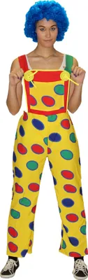 Produktbild von Clownkostüm Damen Latzhose – Gelbe Clown-Hose mit bunten Punkten – Lustiges Karnevalskostüm für Frauen – Fasching, Mottoparty – Größen S bis XXXL, Größe:XXL/XXXL