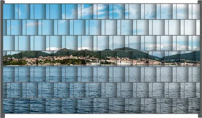 Produktbild von Wallario Zaunsichtschutz mit Motiv Stadt zwischen Bergen und Meer für Ein- und Doppelstabmatten Zäune in der Größe 250 x 140 cm