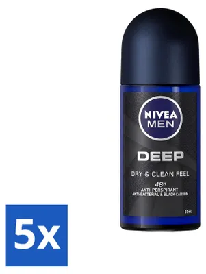 Produktbild von 5 x NIVEA MEN Deep Deodorant Roll-On mit Aktivkohle - 50 ml - Vorteilspackung - 5 Stücke