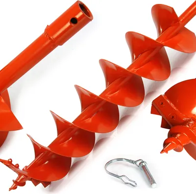 Several parts of an orange auger drill bit are arranged on a white background.