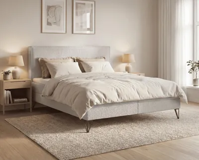 Obrázek produktu pro Postel s úložným prostorem 160x200 cm, model Sofia, s matrací H3, vrchní matrace – pružinová postel s potahem z bouclé, světle šedá, Obrázek vytvořený pomocí AI