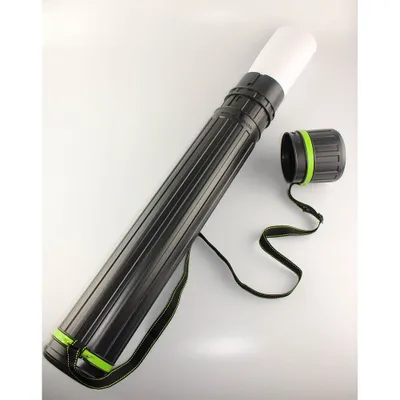 A black drawing tube with a white paper roll inside, lying on a white background. The cap is off and resting next to the tube, attached by a strap. There is also a strap attached to the tube itself.