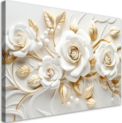 A close-up, studio-style shot of a decorative wall art piece featuring 3D white and gold roses.
