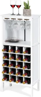 Obrázok produktu pre KOMFOTTEU vinotéka, stojan na víno s 20 fľašami a 4 radmi držiakov na poháre, stojan na fľaše 42 x 25 x 96 cm, drevený stojan na víno do kuchyne, jedálne, baru (biely)