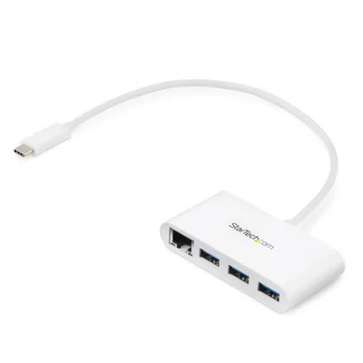 Produktbild von StarTech.com 3 Port USB 3.0 Hub plus Gigabit Ethernet - 5Gbps - USB-C - Weiß, Kabelgebunden, USB, Ethernet, 1000 Mbit/s, Weiß