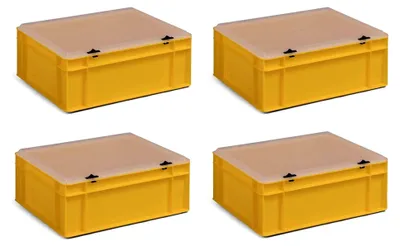 Produktbild von 4 Stapelkisten mit transparentem Deckel, gelb, 400x300x156 mm (LxBxH), aus PP, Volumen: 13 Liter, Traglast: 35 kg, lebensmittelecht, aus Deutschland, Industriequalität