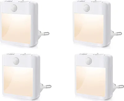 Four white LED night lights with motion sensors are arranged in a 2x2 grid against a white background.