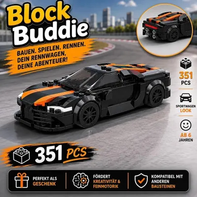 Produktbild von BlockBuddie™ Chiron Schwarz inspiriertes Klemmbaustein Auto mit 351 Teilen – Sportwagen Modellbausatz