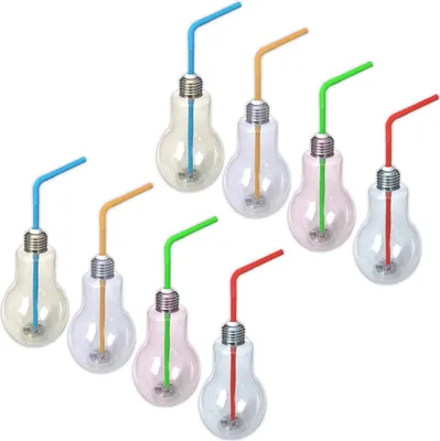 Produktbild von 8er Set LED RGB Partyglas Birne mit Deckel und Strohhalm 400ml Party Kunststoff Trinkbecher Cocktail Transparent Beleuchtetes Longdrinkgläser Blinkend