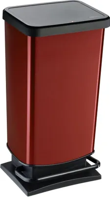 A red metallic Rotho Paso trash can with a black lid and base.