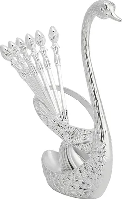 Image de Set de couverts cuillères en acier inoxydable avec support en forme de cygne en alliage de zinc, argenté