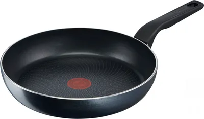 A black frying pan with a black handle is shown against a white background.