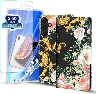 Produktbild von Handy Hülle für Samsung Galaxy A16 / A16 5G mit 9H Displayglas Klapphülle Bookcase Flip Cover Handy Tasche Etui Motiv: Rosen Ornamente Blumen