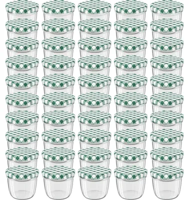 Zdjęcie produktu dla Słoiki WELLGRO, zielone w kratkę, z zakrętką - 230 ml, 8,5 x 6,5 cm (średnica x wysokość), szkło / metal, zielone zakrętki w kratkę. Numer produktu: 82. Wyprodukowano w Niemczech. Dostępne różne ilości. Ilość: 50 sztuk