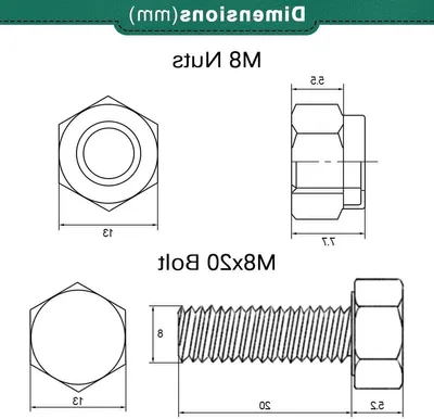 Set von 10 Edelstahl Sechskantschrauben M8 mit Muttern