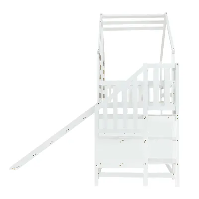 Produktbild von Merax Etagenbett 90x200cm mit Treppe und Rutsche, Kinderbett mit Rausfallschutz, Stockbett mit Gitter und Fenster, Massivholzbett Jugendbett, Weiß