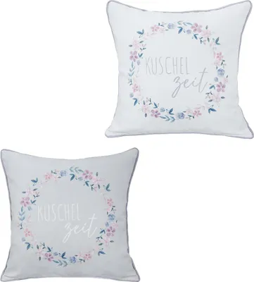 Produktbild von Gilde Kissen, quadratisch, Kuschelzeit, Blumendesign, Schriftzug, Polyester, creme, grau, VE 4, 2fach sortiert Höhe: 45.00 cm Breite: 45.00 cm 44561