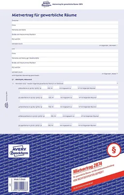 Produktbild von AVERY Zweckform 2874 Mietvertrag für gewerbliche Räume (A4, 5 Sätze mit Betriebskostenaufstellung, 6-seitig, selbstdurchschreibend, Vereinbarung über Mietzweck, Konkurrenzschutz, Werbemaßnahmen)