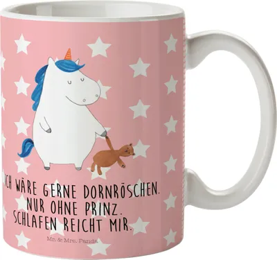 Produktbild von Mr. & Mrs. Panda Kindertasse Einhorn Teddy - Rot Pastell - Geschenk, Pott, Unicorn, Bett, Kindergarten Becher, Single, Mehrwegbecher, Trinklernbecher, Einhörner, Haferl