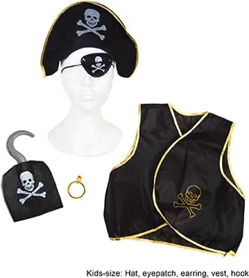 Produktbild von Piratenset 5 teilig Haken, Hut, Augenklappe, Ohrring & Weste - Kinder