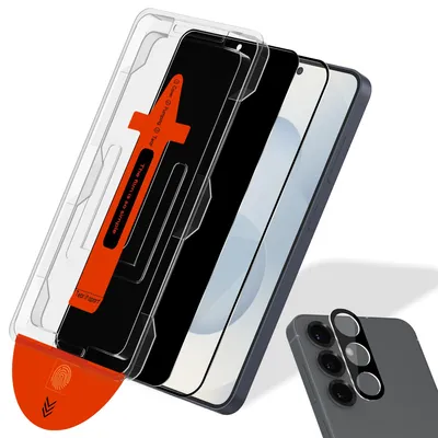 Zdjęcie produktu dla 2-pak Samsung S25 Szkło ochronne na ekran (1 Privacy + 1 przezroczyste) & 1-pak ochrona obiektywu - Szkło hartowane | [Automatyczna instalacja] - Bez