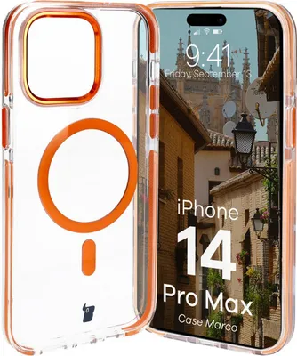 Produktbild von Bizon Case Marco Magnetische Ringhülle für iPhone 14 Pro Max, Transparent mit orangefarbenem Rahmen