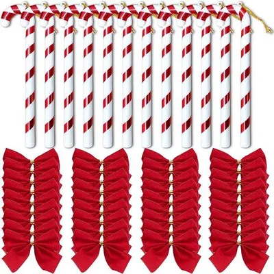 Productafbeelding van Kerstsuikerstangen 17,5 cm - 12 stuks + 36 kerststrikken - duurzame kerstdecoratie - versier je kerstboom - Homevero