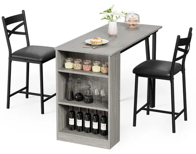 Produktbild von Platzsparendes Barmöbel-Set - Essgruppe in Barhöhe - 3-teilig für 2 Personen - Hochklappbare Tischplatte - 3 Ablageflächen - 2 Polyurethangepolsterte Barhocker - Grau