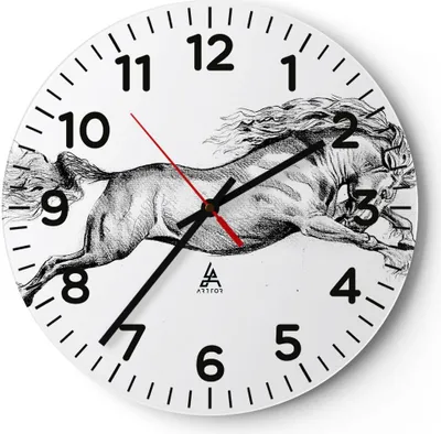 Produktbild von Wanduhr - Rund - Glasuhr - Pferd Zeichnung Bleistift - 30x30cm - Schleichendes Uhrwerk - Lautlos - zum Aufhängen bereit - Dekoration Modern - Wanddekoration aus Glas - C4AR30x30-4906