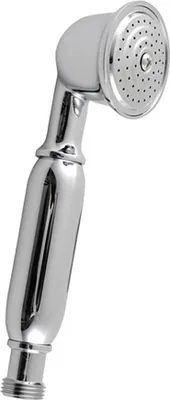 A chrome-plated hand shower head on a white background.