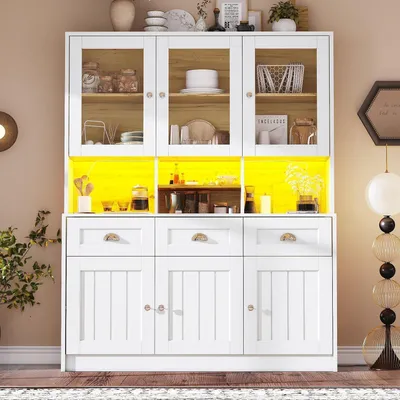 Image de Armoire de cuisine haute avec éclairage LED, dimensions 140x40x175 cm, couleur blanche